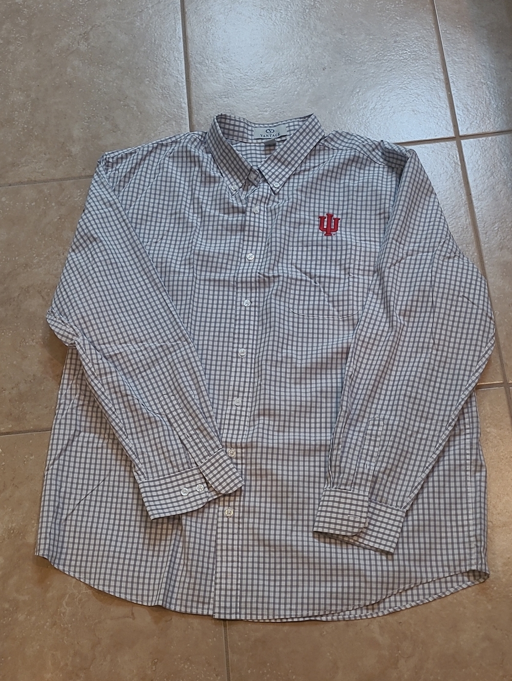 Van Heusen Men's White and Gray Checked Button-Down Shirt with Red IU Logo